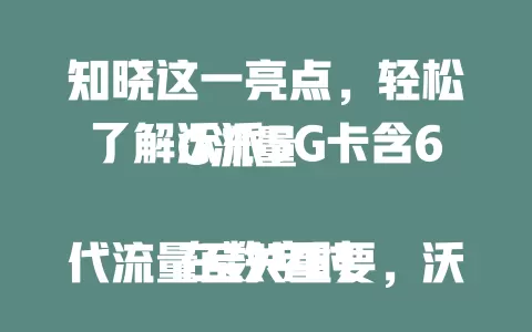 知晓这一亮点，轻松了解沃派5G卡含6G流量

在数字时代流量至关重要，沃派5G卡含6G流量，轻度用户每月1G左右足够，爱看视频能看约10小时，社交需求也能满足，无论啥习惯都有流量保障，畅享移动互联网生活