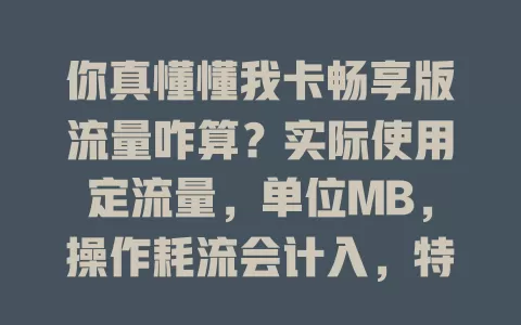 你真懂懂我卡畅享版流量咋算？实际使用定流量，单位MB，操作耗流会计入，特殊情况也留意，查流量防超支，合理用流超省心