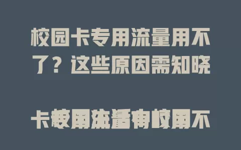 校园卡专用流量用不了？这些原因需知晓

校园生活中校园卡专用流量有时用不了，别急！原因有：设备接入点可能有误，套餐或过期，网络环境差，校园卡状态异常等。通过排查这些，找出问题解决，就能畅享流量，让校园网更顺畅