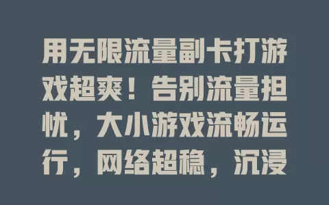 用无限流量副卡打游戏超爽！告别流量担忧，大小游戏流畅运行，网络超稳，沉浸游戏无困扰，爱游戏的你快来体验！
