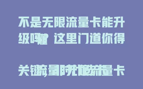 不是无限流量卡能升级吗？这里门道你得懂

流量时代选卡关键，非无限流量卡能否升级？看情况！有的能升，有的受限，无合约升级可能大，多留意规定满足上网需求