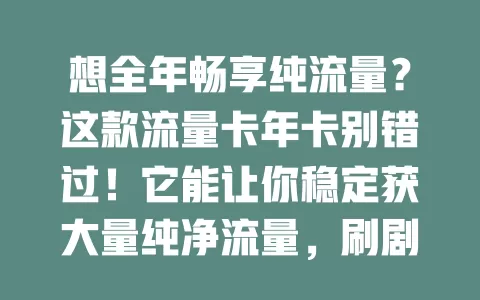 想全年畅享纯流量？这款流量卡年卡别错过！它能让你稳定获大量纯净流量，刷剧办公都不愁。选时留意流量总量、网速及稳定性，选对产品就能无拘无束享网络生活