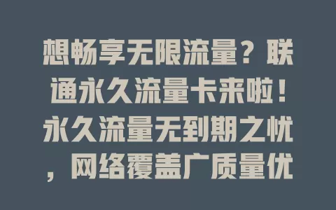 想畅享无限流量？联通永久流量卡来啦！永久流量无到期之忧，网络覆盖广质量优，套餐灵活办理简便，告别流量焦虑，尽享数字生活便利