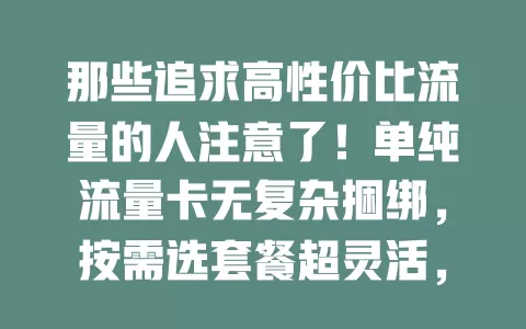 那些追求高性价比流量的人注意了！单纯流量卡无复杂捆绑，按需选套餐超灵活，办理简单，选卡留意有效期、范围和费用，是高性价比流量之选