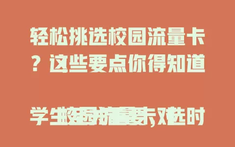 轻松挑选校园流量卡？这些要点你得知道！

校园流量卡对学生至关重要，选时要关注套餐内容、网络速度、费用及服务质量。综合考量这些因素，才能畅享便捷网络，让流量卡成校园好伙伴。