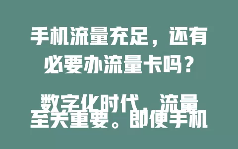 手机流量充足，还有必要办流量卡吗？

数字化时代，流量至关重要。即便手机流量充足，旅行时本地流量或不够，流量卡能提供保障。它还有优惠福利，适配不同场景。办理时要谨慎，按需选卡，让流量价值最大化 。