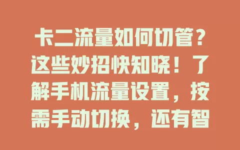 卡二流量如何切管？这些妙招快知晓！了解手机流量设置，按需手动切换，还有智能切换超便捷，轻松搞定让上网更顺畅