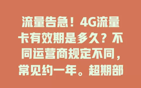 流量告急！4G流量卡有效期是多久？不同运营商规定不同，常见约一年。超期部分卡停服务，有些有缓冲或续费选项。了解有效期对规划流量很关键，能助按需选套餐，即便在4G时代也能满足上网需求