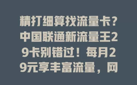 精打细算找流量卡？中国联通新流量王29卡别错过！每月29元享丰富流量，网络稳，办理简，售后优，性价比超高！