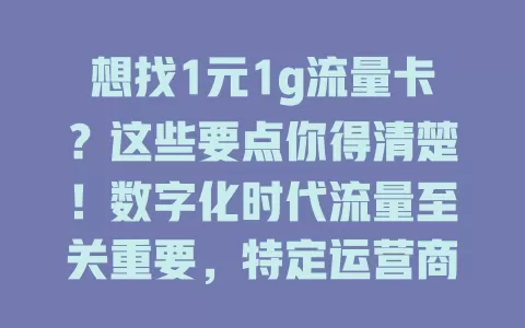 想找1元1g流量卡？这些要点你得清楚！数字化时代流量至关重要，特定运营商部分套餐有此优惠，计算清晰能控成本，但选卡要留意套餐详情，掌握要点才能挑到适合的卡，畅享网络无忧。
