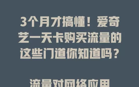 3个月才搞懂！爱奇艺一天卡购买流量的这些门道你知道吗？

流量对网络应用很关键，爱奇艺一天卡流量咋买咋用有讲究。要了解流量特性，注意24小时有效期，按需选套餐，关注流量消耗，这样才能畅快观影不浪费流量 。