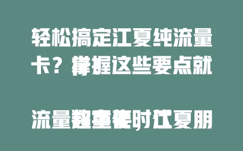 轻松搞定江夏纯流量卡？掌握这些要点就行！

数字化时代流量超重要，江夏朋友选对纯流量卡超便利。其优势突出，选卡要考量性价比、网速、信号覆盖。不同套餐有差异，按需综合比较，就能畅享网络乐趣。