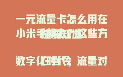 一元流量卡怎么用在小米手机上？这些方法要知道

在当今数字化时代，流量对于手机用户来说至关重要。而一元流量卡以其性价比高的特点受到不少人的青睐。那么，一元流量卡怎么用在小米手机上呢？

首先，确认你的小米手机支持该一元流量卡的网络频段。不同的流量卡可能支持的频段有所差异，确保手机能与之适配，才能正常使用。

接着，将一元流量卡插入小米手机的卡槽。操作时要小心谨慎，避免损坏卡槽或卡本身。插入后，手机一般会自动识别，若未自动识别，可手动进入设置中的双卡与移动网络选项，查看是否能找到该流量卡。

然后，进行流量卡的激活。通常需要按照卡包装内提供的说明，通过拨打指定号码或在相关APP上进行操作来激活。激活过程中要准确输入必要信息，如卡号、密码等。

设置上网参数也不容忽视。在小米手机的设置中，找到移动网络，选择对应的流量卡，设置接入点名称等上网参数。这些参数一般可咨询流量卡提供商获取准确信息。

使用一元流量卡时，还可留意小米手机的流量管理功能。可以设置每日流量限额，避免超出套餐导致额外费用。同时，关注流量使用情况，及时了解套餐内流量剩余多少。

此外，若在使用过程中遇到问题，比如信号不好、无法上网等，可先检查卡是否插好、参数设置是否正确，还可联系流量卡客服寻求帮助。

总之，正确使用一元流量卡于小米手机，能让你在畅享网络的同时节省费用，轻松满足日常上网需求。 

以下是改写后的简洁版本：

小米手机如何用一元流量卡？这些方法要知晓
先确认频段适配，再小心插卡激活。
设置上网参数，留意流量管理。
遇问题先自查，正确使用能省钱又畅享网络 。