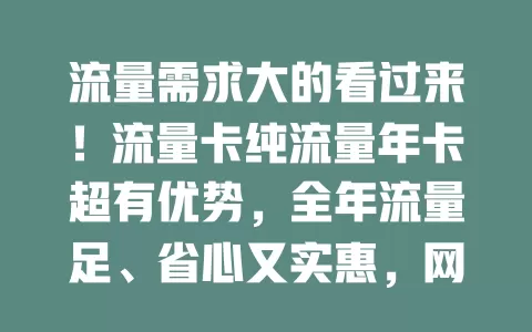 流量需求大的看过来！流量卡纯流量年卡超有优势，全年流量足、省心又实惠，网络还稳定！