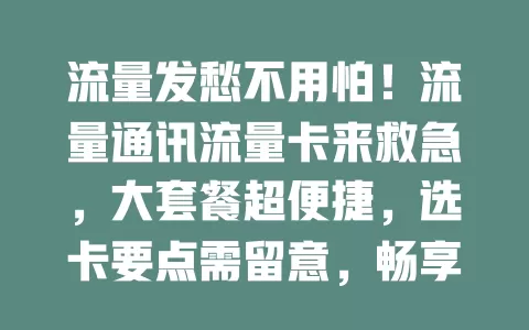 流量发愁不用怕！流量通讯流量卡来救急，大套餐超便捷，选卡要点需留意，畅享数字世界就靠它