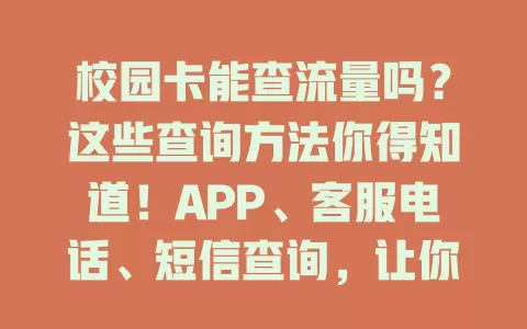 校园卡能查流量吗？这些查询方法你得知道！APP、客服电话、短信查询，让你规划流量更得心应手
