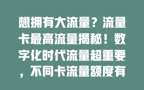想拥有大流量？流量卡最高流量揭秘！数字化时代流量超重要，不同卡流量额度有别，上百GB不稀奇。商务、追剧、学习族都受益，选卡还得综合考量，按需探索高流量便利！