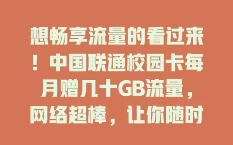 想畅享流量的看过来！中国联通校园卡每月赠几十GB流量，网络超棒，让你随时嗨玩网络，这福利别错过！