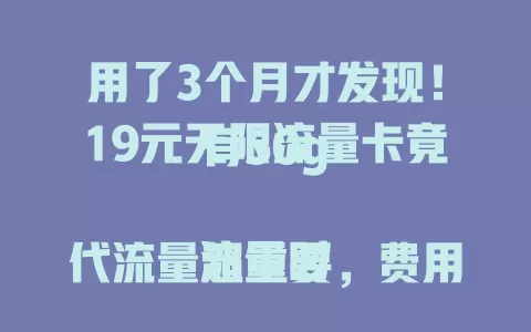 用了3个月才发现！19元无限流量卡竟有50g

流量时代流量超重要，费用却常让人头疼。现分享超性价比流量卡，每月19元享50g，网络稳使用便，无需繁琐手续。常需流量的朋友别错过，能省不少钱，快来畅享低价充足流量生活！