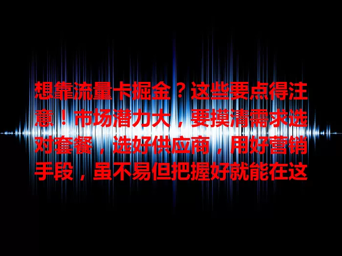 想靠流量卡掘金？这些要点得注意！市场潜力大，要摸清需求选对套餐，选好供应商，用好营销手段，虽不易但把握好就能在这收获财富，实现掘金梦
