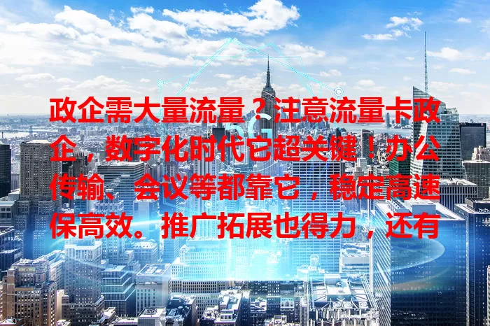 政企需大量流量？注意流量卡政企，数字化时代它超关键！办公传输、会议等都靠它，稳定高速保高效。推广拓展也得力，还有高稳定性与安全性，套餐多样超实惠，是政企信息化好选择！