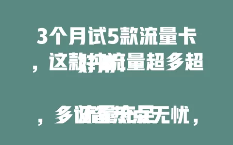 3个月试5款流量卡，这款纯流量超多超好用！

流量充足，多设备热点无忧，纯流量无干扰，网速稳定，满足大量流量需求，快来试试！