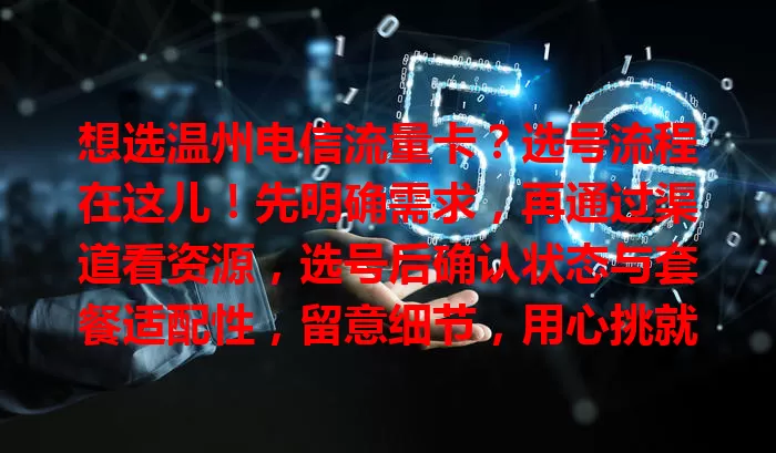 想选温州电信流量卡？选号流程在这儿！先明确需求，再通过渠道看资源，选号后确认状态与套餐适配性，留意细节，用心挑就能选到适合的号码，开启便捷通信之旅