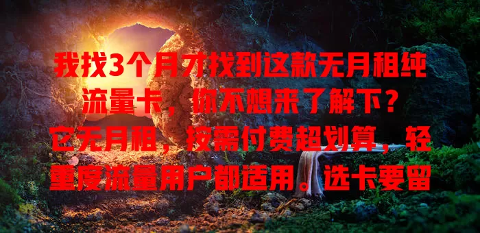 我找3个月才找到这款无月租纯流量卡，你不想来了解下？

它无月租，按需付费超划算，轻重度流量用户都适用。选卡要留意稳定性、有效期和充值规则等，综合考量挑最适合的，让流量使用更经济便捷！