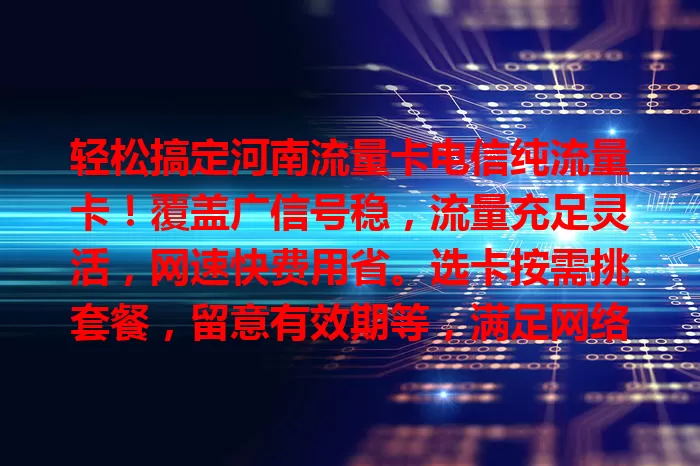 轻松搞定河南流量卡电信纯流量卡！覆盖广信号稳，流量充足灵活，网速快费用省。选卡按需挑套餐，留意有效期等，满足网络需求畅游数字世界