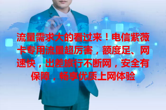 流量需求大的看过来！电信紫薇卡专用流量超厉害，额度足、网速快，出差旅行不断网，安全有保障，畅享优质上网体验