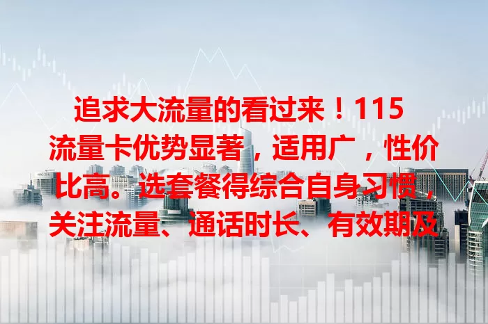 追求大流量的看过来！115 流量卡优势显著，适用广，性价比高。选套餐得综合自身习惯，关注流量、通话时长、有效期及额外费用等，助你畅享优质网络体验