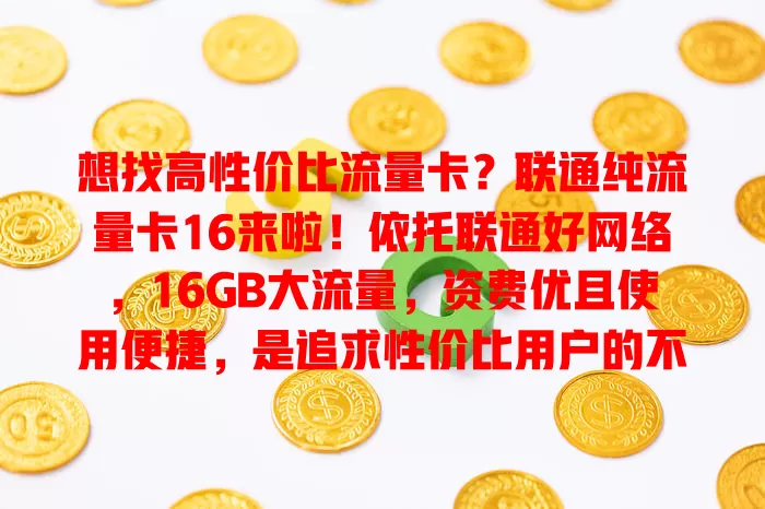 想找高性价比流量卡？联通纯流量卡16来啦！依托联通好网络，16GB大流量，资费优且使用便捷，是追求性价比用户的不错之选
